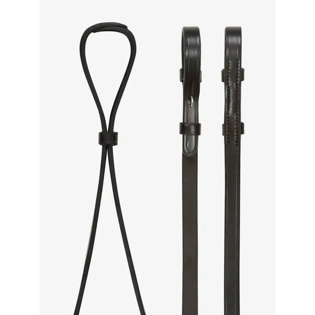 Lemieux curb rein in supple pre-oiled brown leather with silver stitching and looped handle for double bridle use