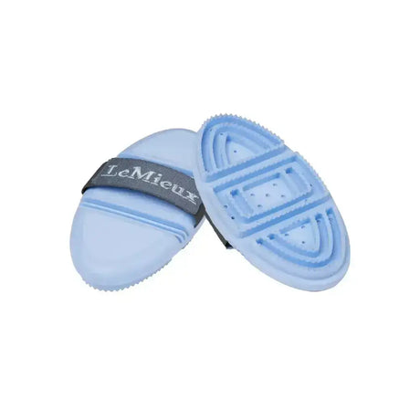 Light blue silicone lemieux curry comb with gray strap featuring lemieux brand for grooming use curry comb mist