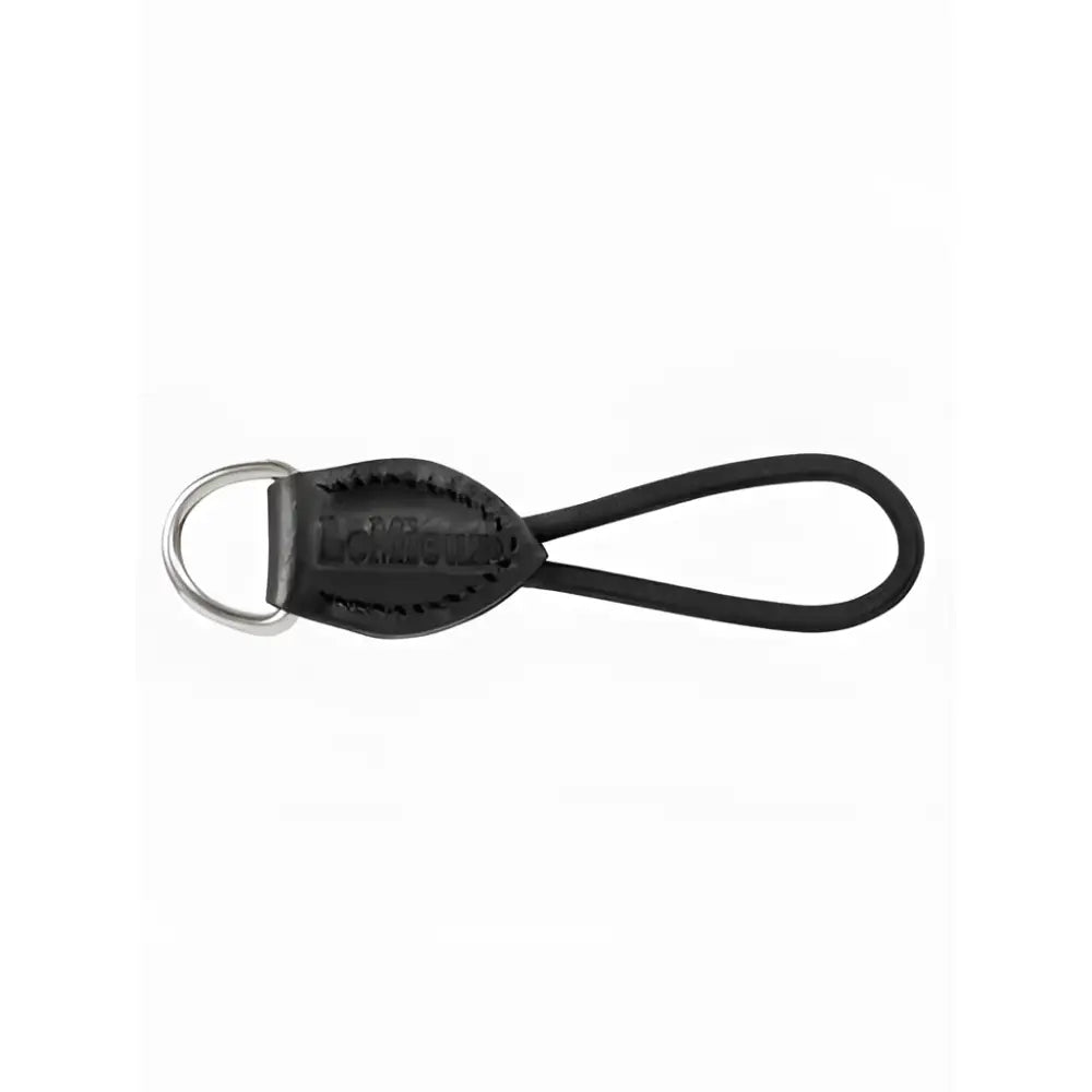 Black leather lemieux d-ring extender with silver ring and embossed lomography branding for adding extra room to saddle pad d-ring tabs