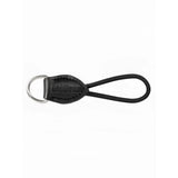 Black leather lemieux d-ring extender with silver ring and embossed lomography branding for adding extra room to saddle pad d-ring tabs