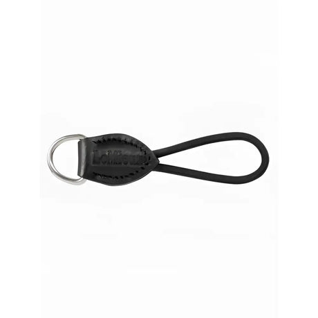 Black leather lemieux d-ring extender with silver ring and embossed lomography branding for adding extra room to saddle pad d-ring tabs