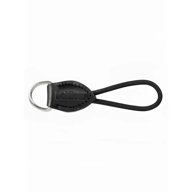 Black leather lemieux d-ring extender with silver ring and embossed lomography branding for adding extra room to saddle pad d-ring tabs