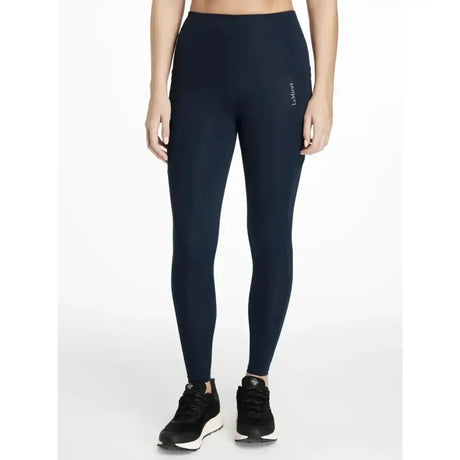 Navy blue high waisted lemieux dani sport legging with subtle side seam logo perfect for activewear