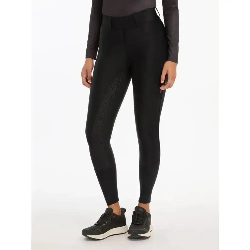 Black high-waisted lemieux demi pull breggings black with subtle textured pattern and full-seat silicone grip for riding