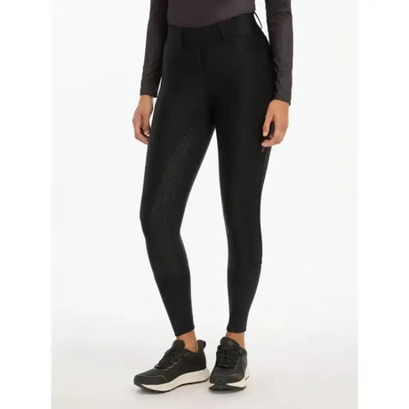 Black high-waisted lemieux demi pull breggings black with subtle textured pattern and full-seat silicone grip for riding
