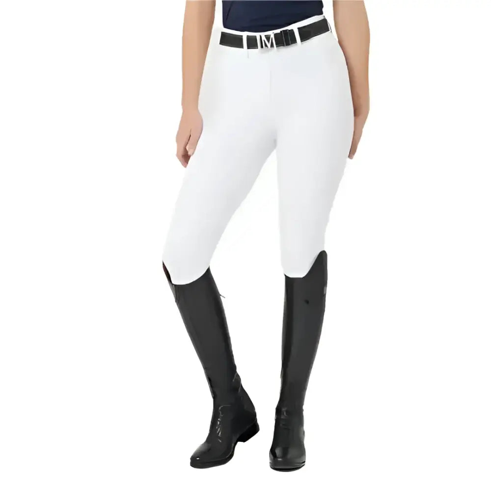 White lemieux demi pull breggings with full-seat silicone grip and black belt featuring silver lettering
