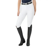 White lemieux demi pull breggings with full-seat silicone grip and black belt featuring silver lettering