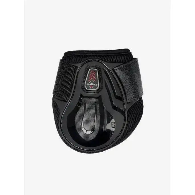 Black lemieux derby projump fetlock boot with glossy plastic shell and breathable mesh fabric straps