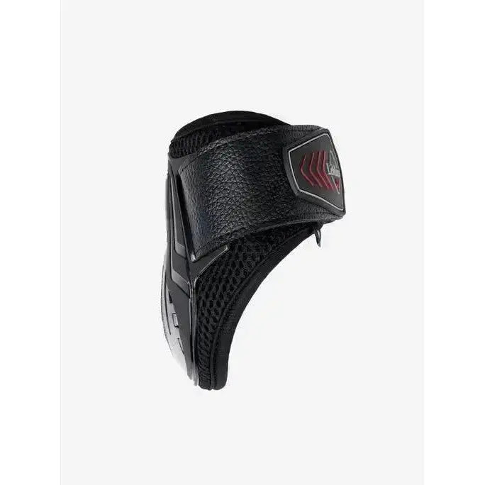 Black leather and mesh lemieux derby projump fetlock boot with red logo patch for horse ankle protection