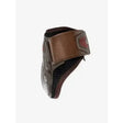 Brown leather lemieux derby projump fetlock boot with black mesh and red accents for horse hoof protection