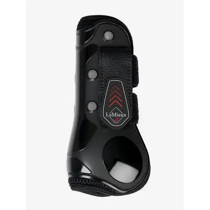 Black lemieux derby projump tendon boot with textured leather strap and three circular ventilation holes