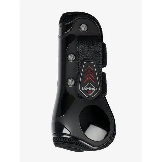 Black lemieux derby projump tendon boot with textured leather strap and three circular ventilation holes