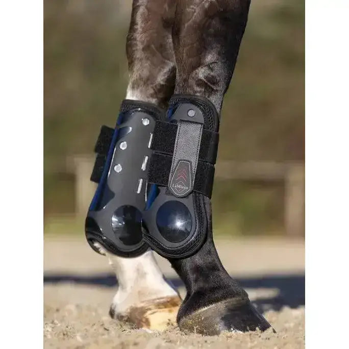 Black and blue lemieux derby projump tendon boot with adjustable straps for horse leg protection and support