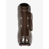 Brown glossy lemieux derby projump tendon boot with black padded interior and adjustable strap for support