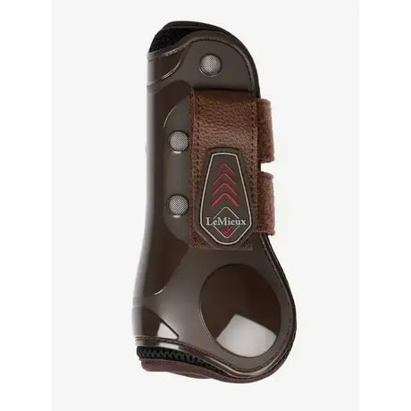 Brown leather and plastic lemieux derby projump tendon boot with red logo patch for horse leg protection