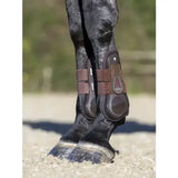 Brown leather lemieux derby projump tendon boot with black padding and adjustable straps for horse leg protection
