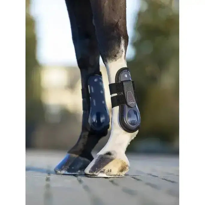 Black and blue lemieux derby projump tendon boot with adjustable straps for optimal horse leg protection