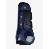 Navy blue lemieux derby projump tendon boot with black straps and silver accents for horse leg support