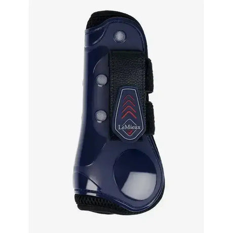 Navy blue lemieux derby projump tendon boot with black straps and silver accents for horse leg support