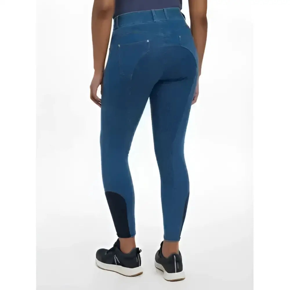 Blue lemieux dolly denim breech riding pants with textured fabric and black knee reinforcements for extra grip