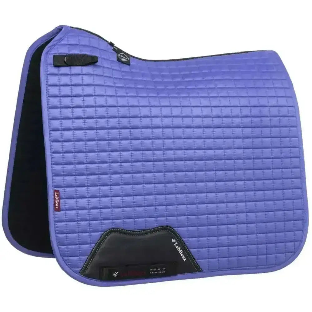 Purple lemieux dressage suede quilted saddle pad with soft suede binding black trim and branded logo patch