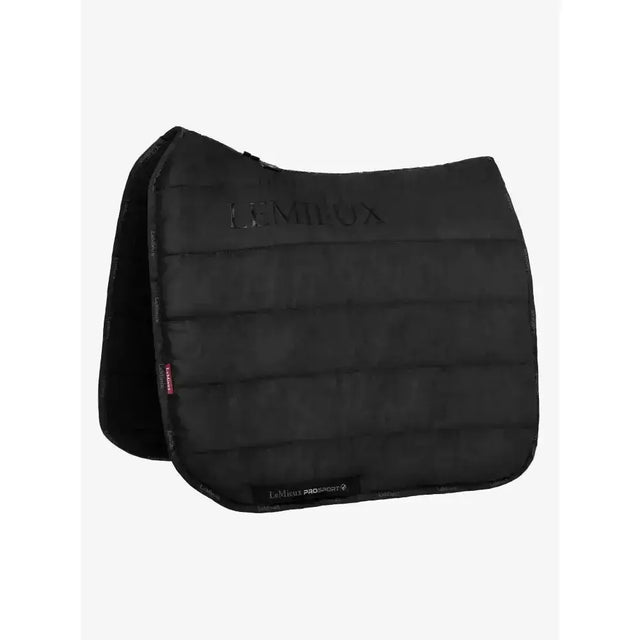 Black quilted lemieux dressage work pad with subtle embossed logo and reinforced stitching for work pad controls
