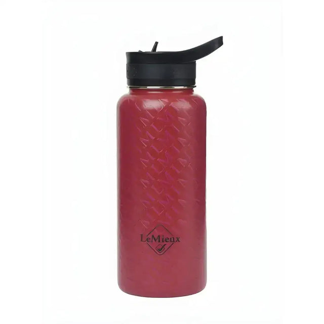 A vibrant red stainless steel lemieux drinks bottle ember with textured finish and black flip-top lid