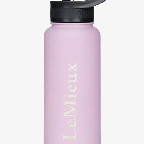 A matte pink lemieux drinks bottle fondant made of stainless steel with a black flip-top lid for easy drinking
