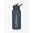 A matte navy blue lemieux drinks bottle with a black flip-top lid designed to keep drinks cold