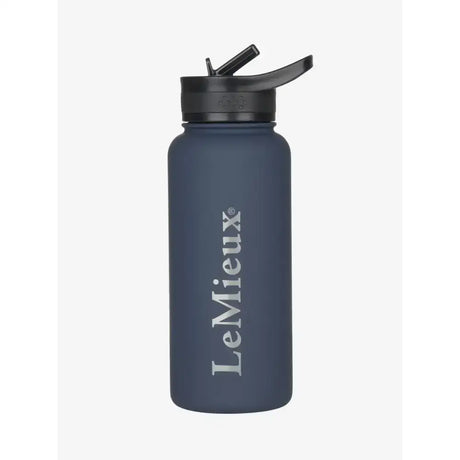 A matte navy blue lemieux drinks bottle with a black flip-top lid designed to keep drinks cold