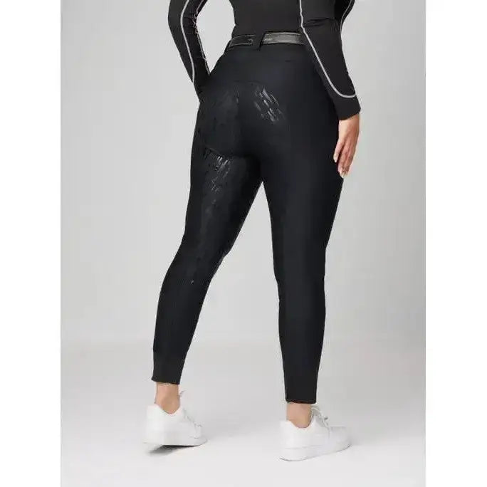 Black lemieux drytex waterproof riding breeches with subtle texture and white piping along the seams