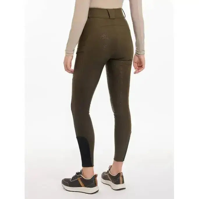 Back view of olive green lemieux drytex waterproof breeches with black reinforced panels and subtle embellishments seat alpine