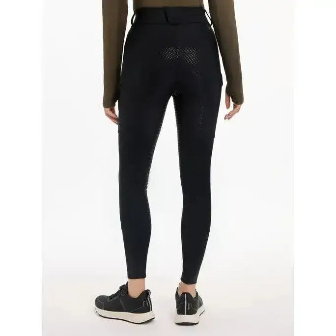 Back view of black lemieux drytex waterproof breeches with high waist and perforated mesh panel for all-weather riding