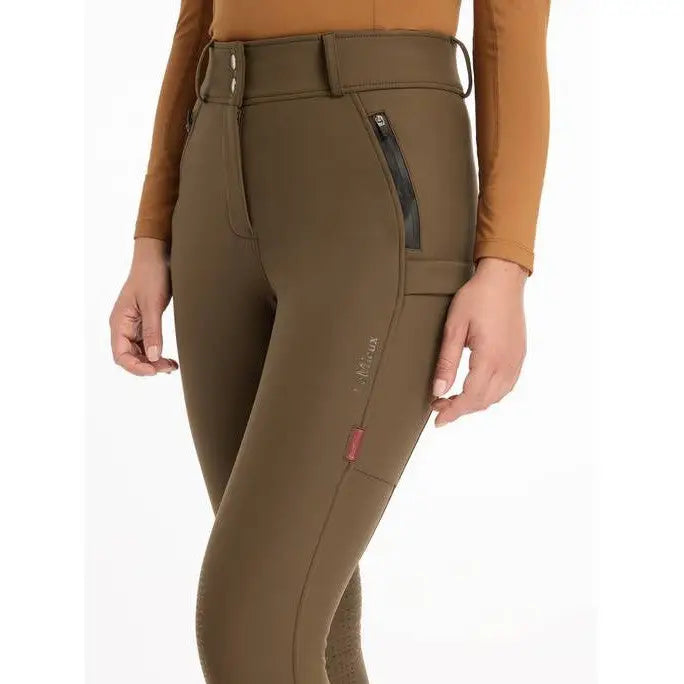 Olive green Lemieux Drytex Waterproof Breeches with knee grip and zippered thigh pocket