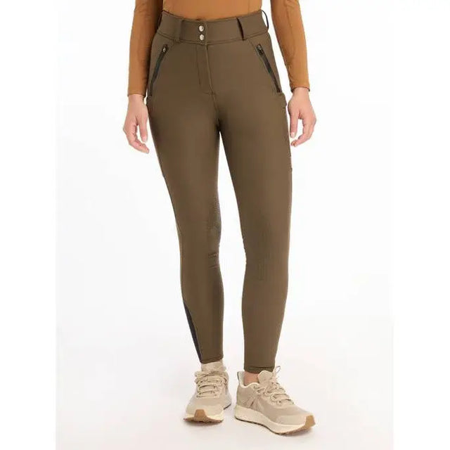 Olive green Lemieux Drytex Waterproof Breeches with knee grip and zippered pockets