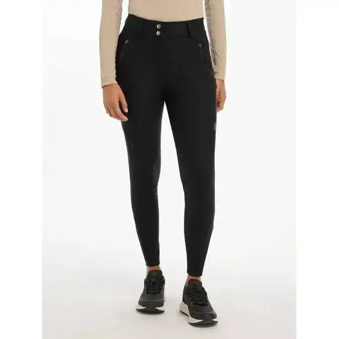 Black lemieux drytex waterproof breeches knee grip with high waist button closure and textured thigh panels