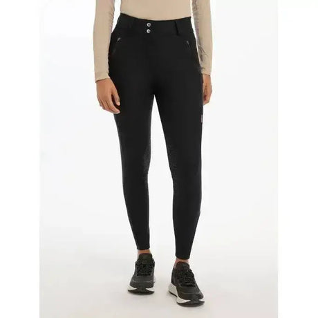 Black lemieux drytex waterproof breeches knee grip with high waist button closure and textured thigh panels