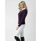 A deep purple long-sleeved equestrian top with a subtle logo paired with lemieux drytex waterproof breeches white
