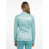 A light teal quilted lemieux dynamique jacket with high collar and diagonal stitching pattern for cool weather