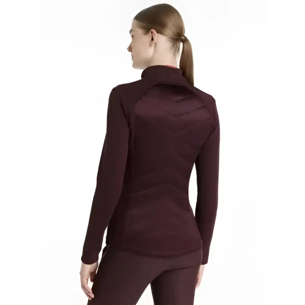 Maroon long-sleeved lemieux dynamique jacket with high collar and subtle paneling for riding in dynamique jacket damson