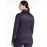 Back view of purple quilted lemieux dynamique jacket with chevron pattern on juniper jacket perfect for chilly days