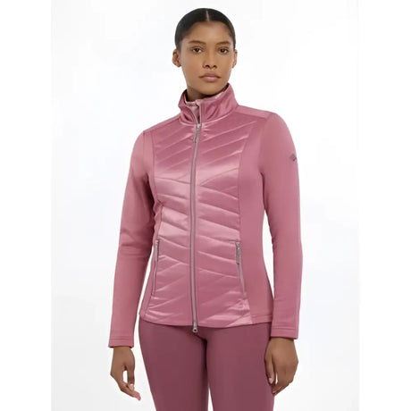Pink quilted lemieux dynamique jacket peony with high collar and silver zipper accents perfect for cold weather