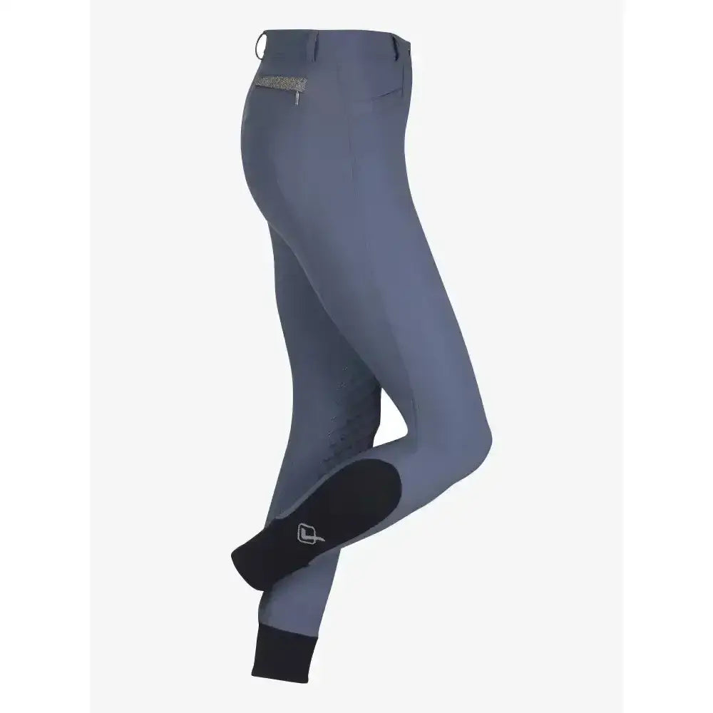 Gray lemieux dynamique knee grip breeches with black knee patches and subtle logo on lower leg for riding comfort