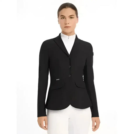 Black lemieux dynamiqué tailored equestrian jacket with three buttons and subtle pockets for competition performance
