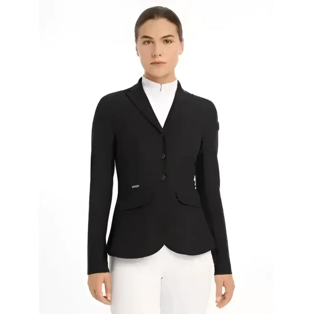 Black lemieux dynamiqué tailored equestrian jacket with three buttons and subtle pockets for competition performance