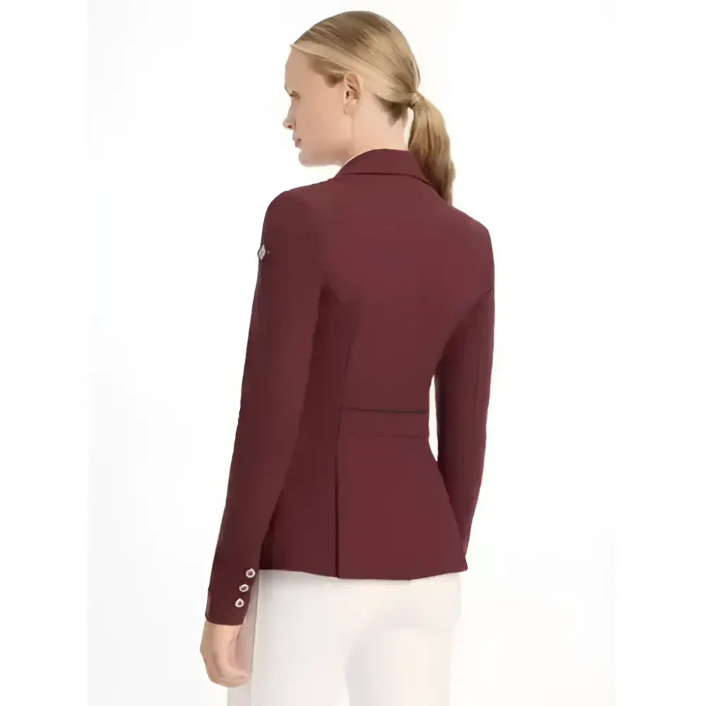 A maroon lemieux dynamiqué jacket burgundy with tailored fit, silver buttons, logo patch, and ultimate breathability
