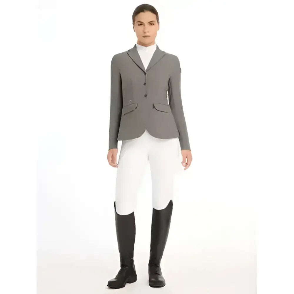 Gray lemieux dynamiqué equestrian jacket graphite with three buttons and flap pockets for competition performance