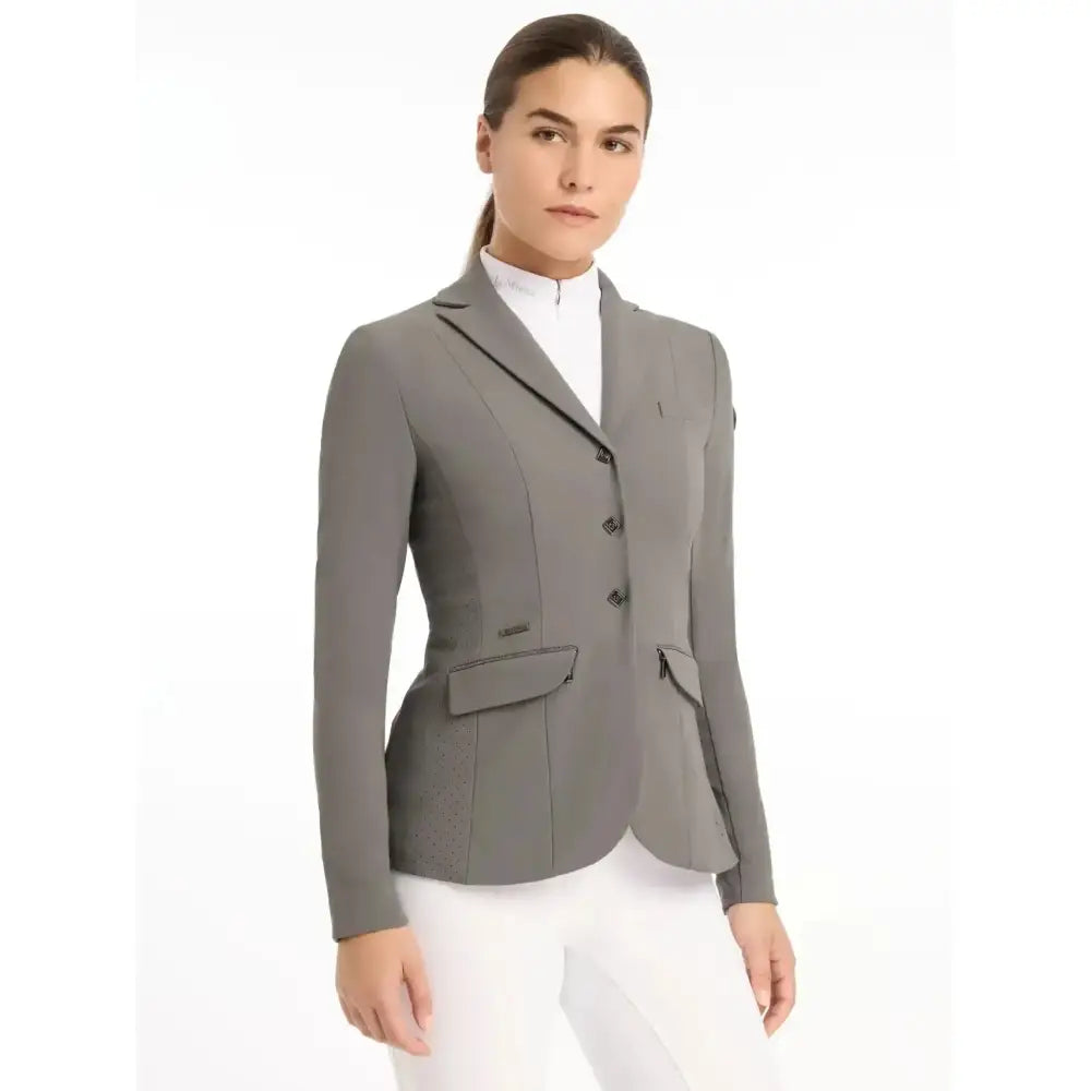 Gray lemieux dynamiqué show jacket graphite with black trim and three buttons for competition performance