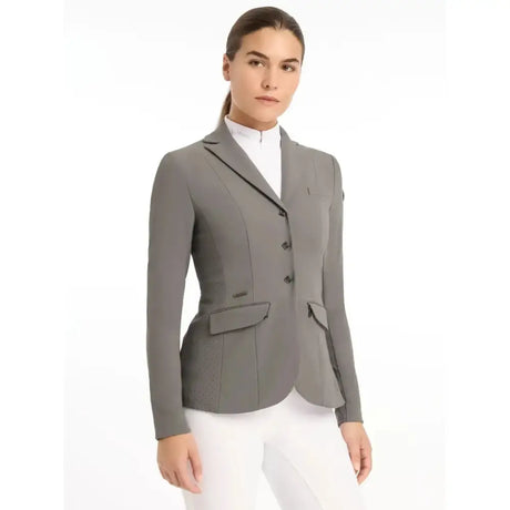 Gray lemieux dynamiqué show jacket graphite with black trim and three buttons for competition performance