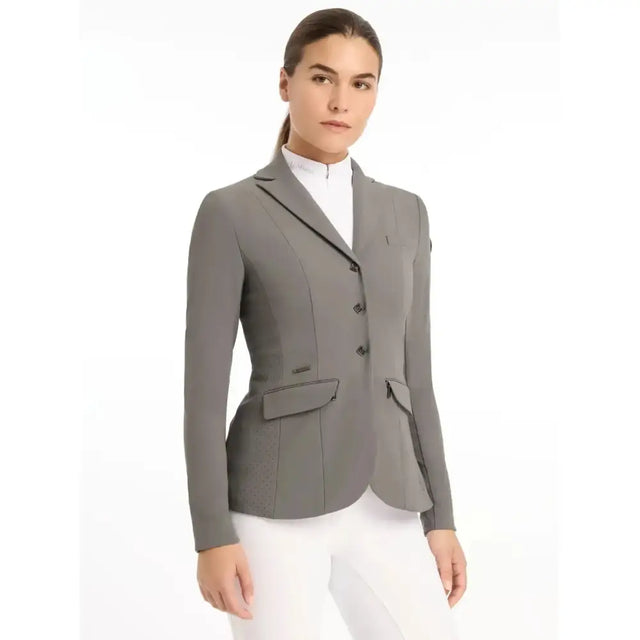 Gray lemieux dynamiqué show jacket graphite with black trim and three buttons for competition performance